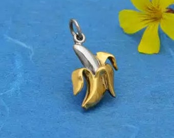 Mini banana necklace charm, food, fruit pendant, bronze yellow peel