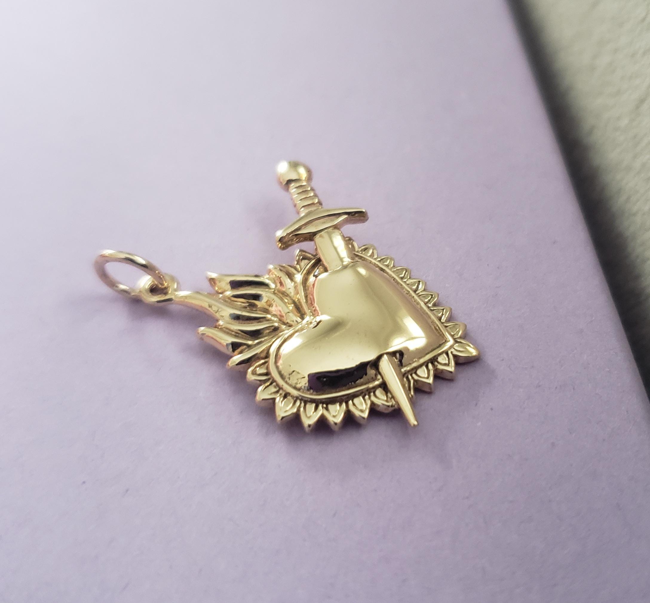 Medival World Pendant Mixed Metal Flaming Heart With Sword