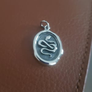 Puede incluir: Colgante plateado con diseño de serpiente. El colgante tiene forma ovalada con un borde en relieve y un lazo para una cadena. La serpiente está enrollada en el centro.