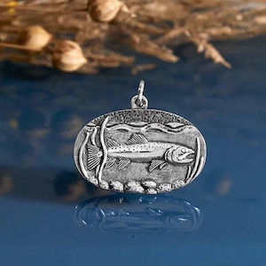 Sterling Silver Trout in Stream Pendant fishing, hobby nature lover