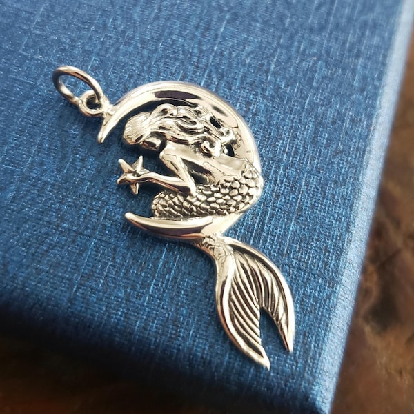 sterling silver mermaid on the moon charm mysterious fantasy ocean pendant collection childrens jewelry, elements, under the sea, beach