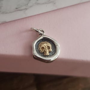 mixed metal Halloween sterling silver bronze wax seal skull charm talisman, spooky pendant