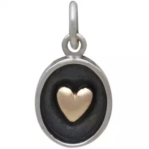 sterling silver shadow box charm with bronze heart romantic jewelry, mixed metal pendant for sweet 16, birthday gift for her