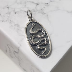 sterling silver small snake pendant on oval disk, serpent, gothic pendant