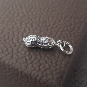 May include: A silver peanut charm with a detailed design and a small loop for attaching to a bracelet or necklace.