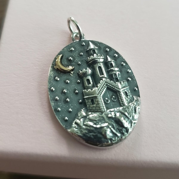 Sterling Silver Castle with Bronze Moon Charm engraving fairytale medival childrens novel magical