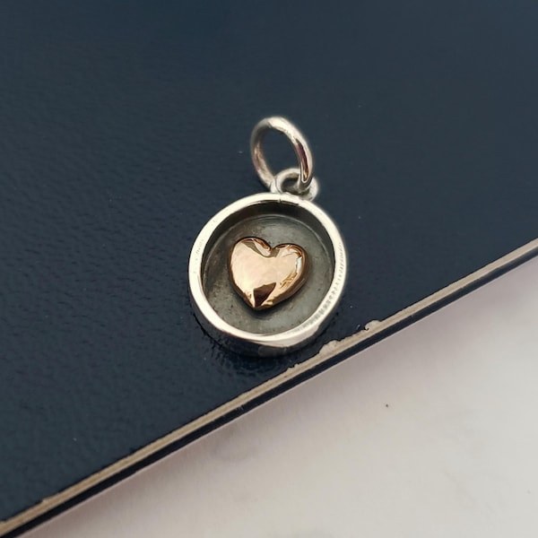 sterling silver shadow box charm with bronze heart romantic jewelry mixed metal pendant for sweet 16, birthday gift for her