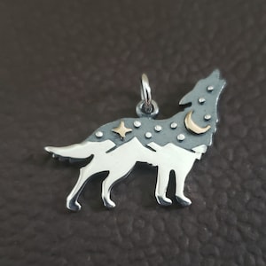 Sterling silver wolf charm with bronze star and moon, engraved backside, animal pendant, howling wolf