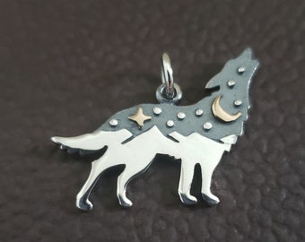 Sterling silver wolf charm with bronze star and moon engraved backside, animal pendant, howling wolf