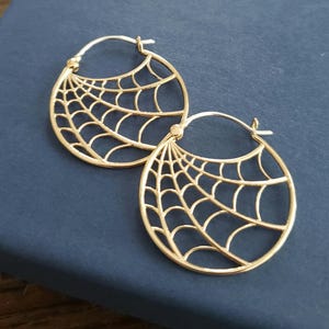 Golden bronze spiderweb hoop earrings, halloween jewelry supply pair