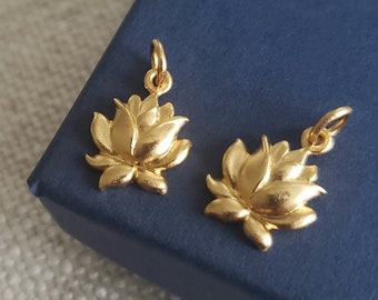 small to medium size 24k satin gold Textured Blooming Lotus Charm. July birth flower yoga teacher zen yogi gift