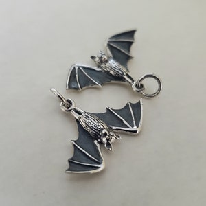 Sterling Silver Realistic Hanging Bat Charm. gothic, scary, spooky pendant, animal