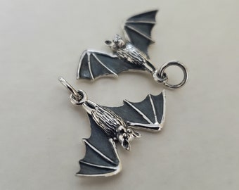 Sterling Silver Realistic Hanging Bat Charm. gothic, scary, spooky pendant, animal