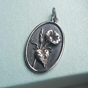 sterling silver morning glory charm September Birthflower in oval frame birthflower pendant birthday gift, engraved message mothers day