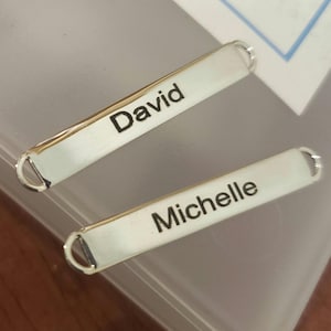 Sterling Silver custom engraved sideway bar blank rectangle charm, name, birth date, quote, message, laser engraving service id bracelet