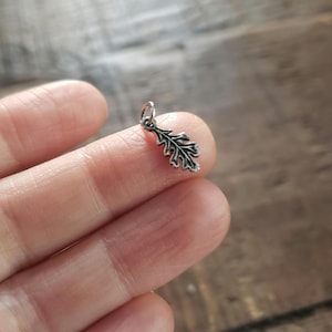 May include: A small, silver-colored oak leaf charm. The charm is detailed with veining and has a loop at the top for attaching to a necklace or bracelet. The leaf is approximately 0.75 inches long.