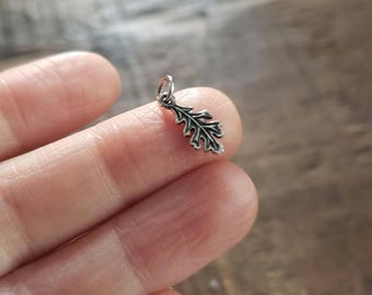 May include: A small, silver-colored oak leaf charm. The charm is detailed with veining and has a loop at the top for attaching to a necklace or bracelet. The leaf is approximately 0.75 inches long.