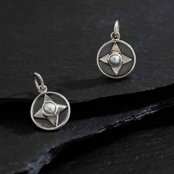 sterling silver small 11mm north star charm star pendant with pearl graduation gift guiding light inspiration bon voyage