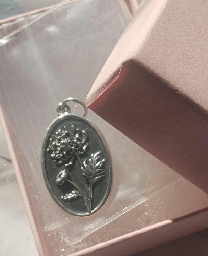 May include: Oval-shaped silver pendant featuring a detailed floral design. The pendant is suspended from a small loop and is presented inside a pink gift box. The floral design includes a large flower, leaves, and smaller buds.