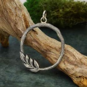 Sterling Silver Twig Circle Pendant, nature jewelry, wreath charm, twig branch
