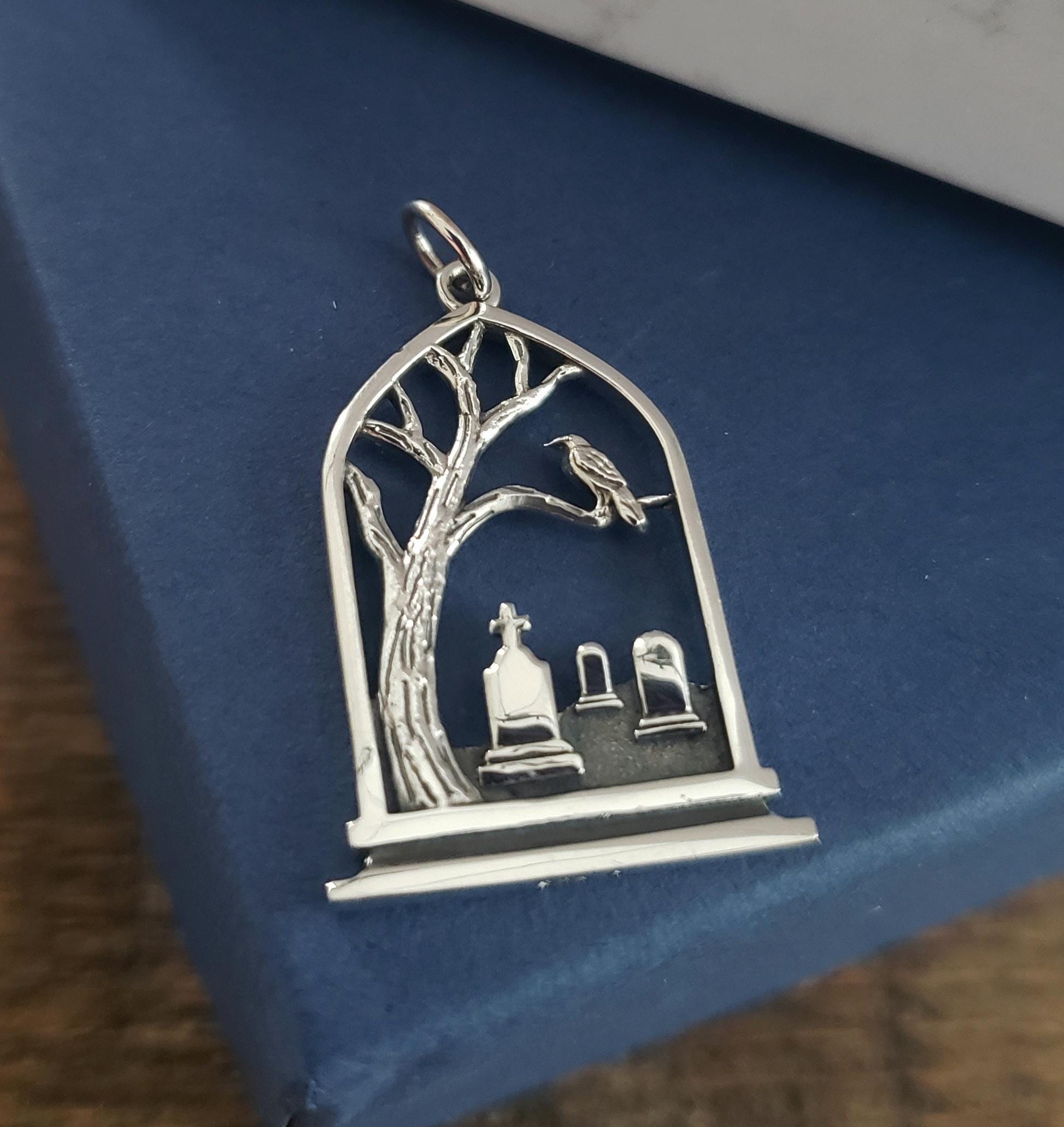 Halloween sterling silver graveyard charm gothic, scary, spooky pendant