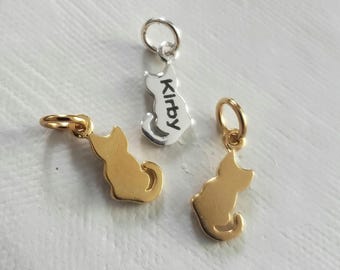 tiny sterling silver cat silhouette charm engravable name animal Cat mom  gift idea cat name tag remembrance charm