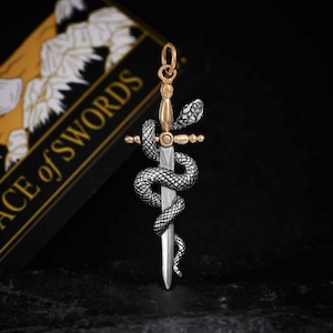 May include: A pendant depicting a silver sword with a gold-coloured hilt, encircled by a detailed snake. The pendant has a loop for a chain. A card with the text "ACE of SWORDS" is visible in the background.