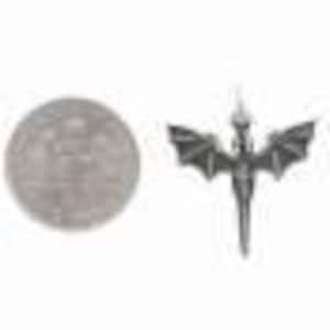 May include: Silver pendant featuring a detailed, winged dragon design with a pointed tail. The dragon is in a standing position with its wings spread out.