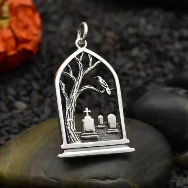 Halloween sterling silver graveyard charm gothic, scary, spooky pendant