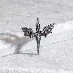 May include: A silver dragon pendant with outstretched wings. The dragon is detailed with textured scales and a pointed tail.