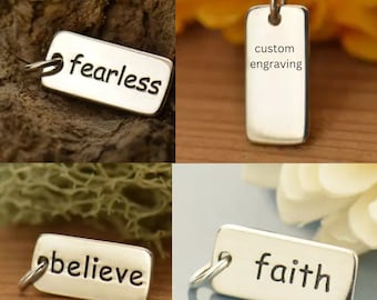 Etched word Charm, custom engraving on rectangle bar, choose your own word to be engraved