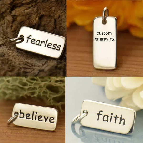 Etched word Charm, custom engraving on rectangle bar, choose your own word to be engraved