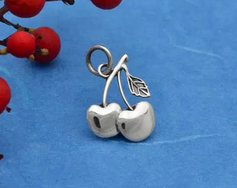 sterling silver cherry charm, food, summer fruit pendant, necklace making