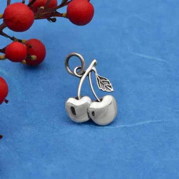 sterling silver cherry charm, food, summer fruit pendant, necklace making