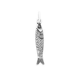 May include: A silver fish charm with detailed scale and fin patterns. The charm is designed with a loop at the top for attachment to a necklace or bracelet. The fish is approximately 1 inch in length.