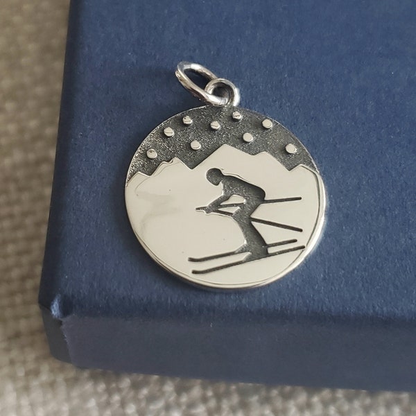 sterling silver mountain and skier charm, ski pendant, winter sports jewelry charm,