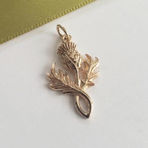 以下が含まれることがあります： スコットランドのアザミの花をかたどったゴールドトーンのメタルペンダント。上部には質感のある丸みを帯びた花頭があり、下部には細部まで作り込まれた尖った葉が伸びており、それらがカーブしてチャームの底に小さなループを形成しています。