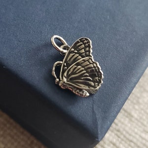 May include: A silver butterfly charm with detailed wings. The charm has a loop at the top for attaching to a necklace or bracelet.