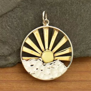 Sterling Silver Mountain Range Pendant with Bronze Sun Rays, nature travel inspired charm mountain meditaion, quiet time