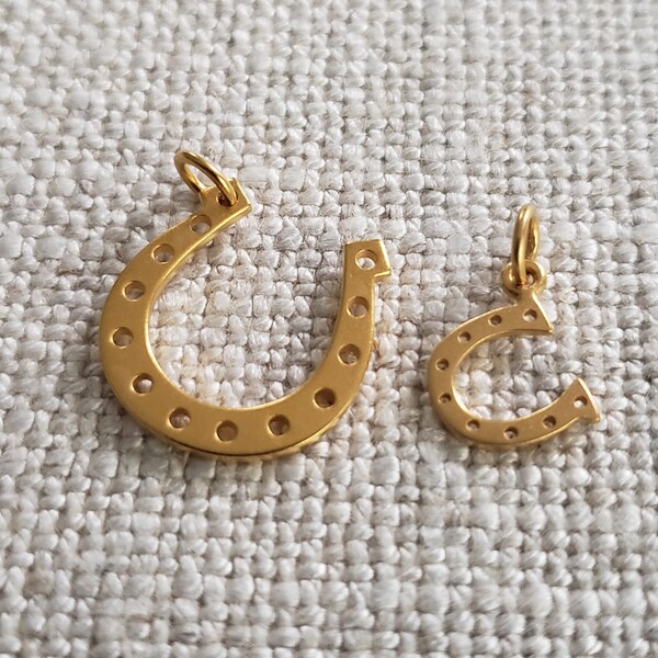 Satin 24K Gold Plated Sterling Silver Lucky Horseshoe Charm, good luck, small and large size