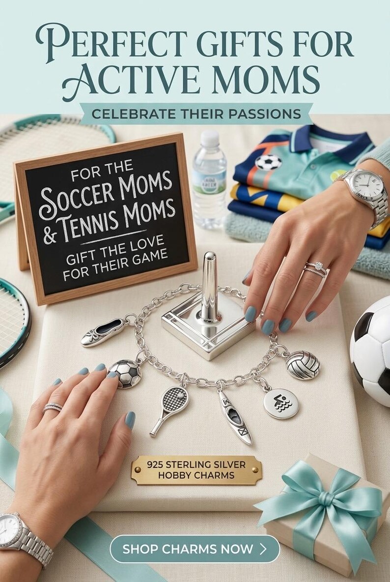 May include: A 925 sterling silver charm bracelet featuring various hobby-themed charms including a soccer ball, tennis racket, kayak, and volleyball. The bracelet is displayed on a stand with a plaque labeled 925 STERLING SILVER HOBBY CHARMS.
