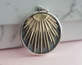 mixed metal sunray pendant contrast silver and bronze, warmth of sun pendant