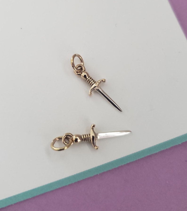 all bronze gold mini dagger tiny sword charm with bronze handle medival world pendant mixed metal image 8