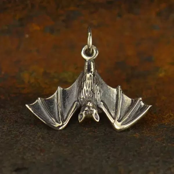 Sterling Silver or golden bronze Realistic Hanging Bat Charm. gothic, scary, spooky pendant, animal gothic Bat pendant