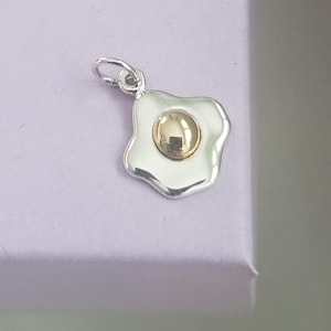 sterling silver fried egg charm with yolk breakfast food pendant, whimsical egg necklace charm