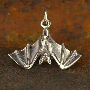 Sterling Silver or golden bronze Realistic Hanging Bat Charm. gothic scary, spooky pendant, animal gothic Bat pendant