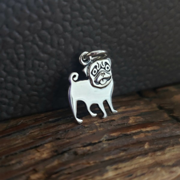 sterling silver pug dog charm, engravable animal jewelry supply, pet lover owner, puppy pendant, dog mom