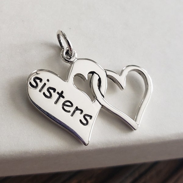 Sterling Silver Sister Charm - Two Linked Hearts-  Big sis Little Sis sister pendant