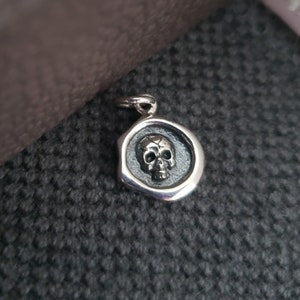 Halloween sterling silver wax seal skull charm talisman, small spooky pendant