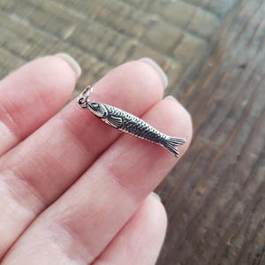 May include: A small, silver-colored fish charm with detailed scales and fins. The charm is suspended from a small loop, suggesting it's designed for a necklace or bracelet. The fish is held in a person's hand.